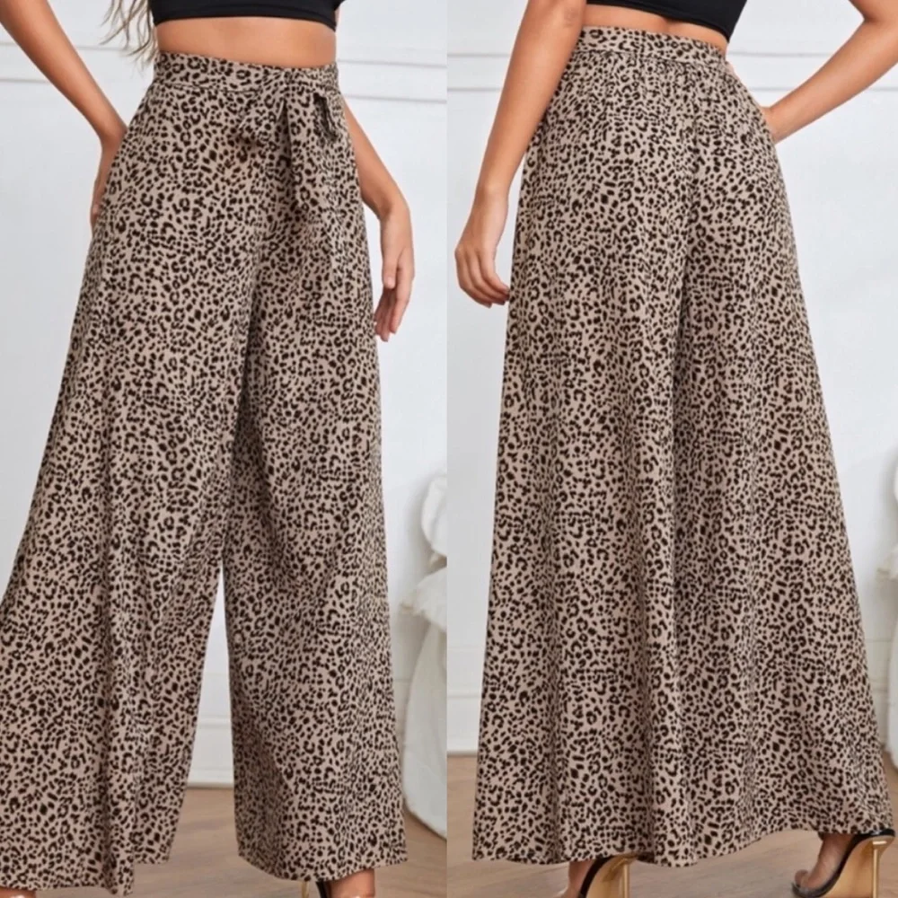 Boho leopard print wide leg palazzo pants